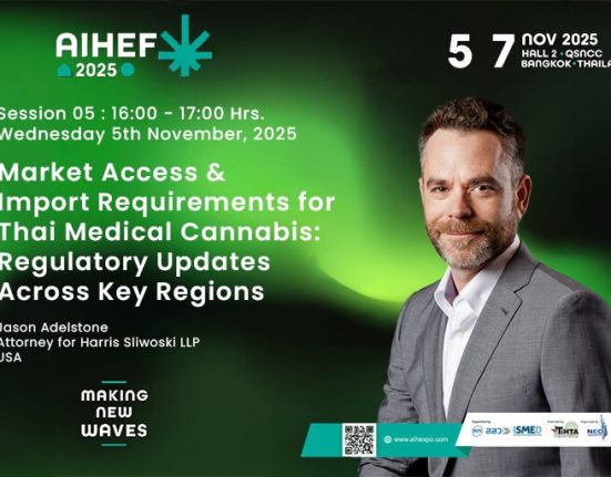 A promotional banner for AIHEF 2025 features Jason Adelstone, who will speak on medical cannabis regulations in Bangkok on November 5, 2025.