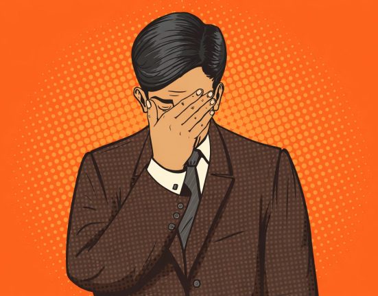 Illustration of a man in a suit covering his face with one hand, set against an orange background with a dotted pattern—conveying the frustration often faced under IRC 280E marijuana tax regulations.