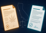 Two documents flank a map of California: one with a marijuana leaf and an X, the other with a checkmark. A scale of justice symbol is shown in the background.