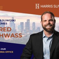 Jared Schwass is welcomed to the Harris Sliwoski California office, with his photo in front of a cityscape background and company branding.