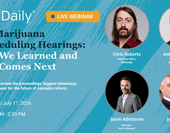 Webinar banner for "DEA Marijuana Rescheduling Hearings," featuring four speakers, event date July 17, 2026, and a "Live Webinar" label.