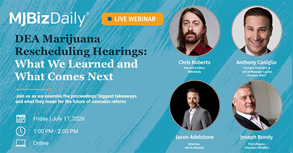 Webinar banner for "DEA Marijuana Rescheduling Hearings," featuring four speakers, event date July 17, 2026, and a "Live Webinar" label.