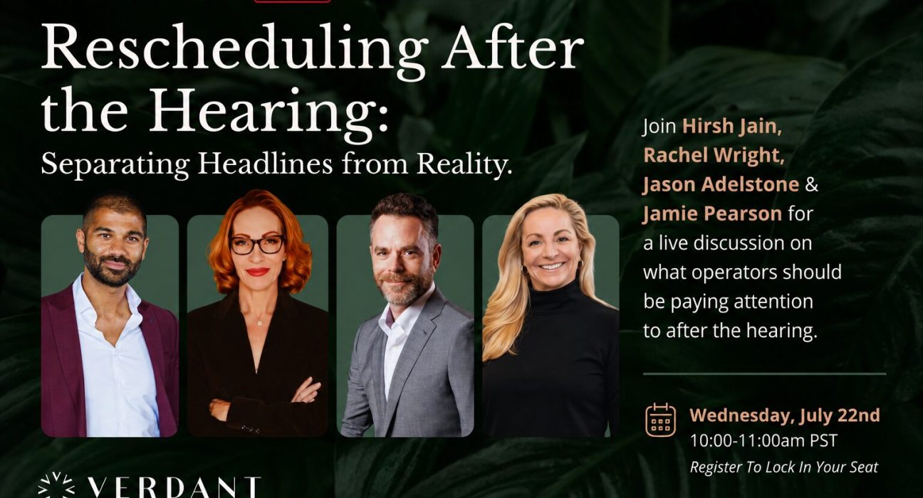 Event banner for “Rescheduling After the Hearing” with four speakers' photos, event details, and information on a live cannabis industry discussion, scheduled for Wednesday, July 22nd, 10-11am PST.