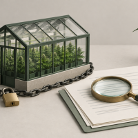 A miniature greenhouse containing cannabis plants, wrapped in a chain with a padlock, sits next to a clipboard with a magnifying glass and a small potted cannabis plant.