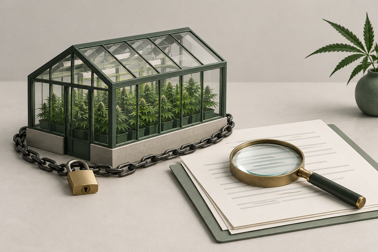 A miniature greenhouse containing cannabis plants, wrapped in a chain with a padlock, sits next to a clipboard with a magnifying glass and a small potted cannabis plant.