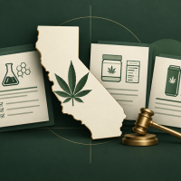 A map of California featuring a cannabis leaf, surrounded by documents with scientific and product icons, next to a gavel on a dark green background.