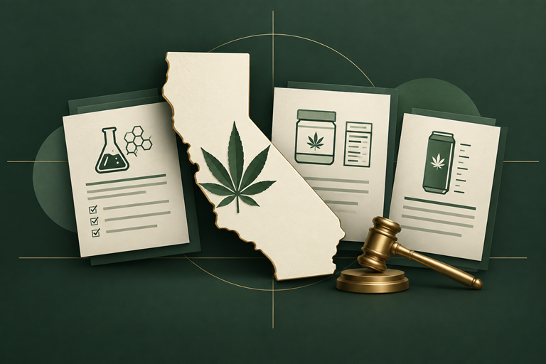 A map of California featuring a cannabis leaf, surrounded by documents with scientific and product icons, next to a gavel on a dark green background.
